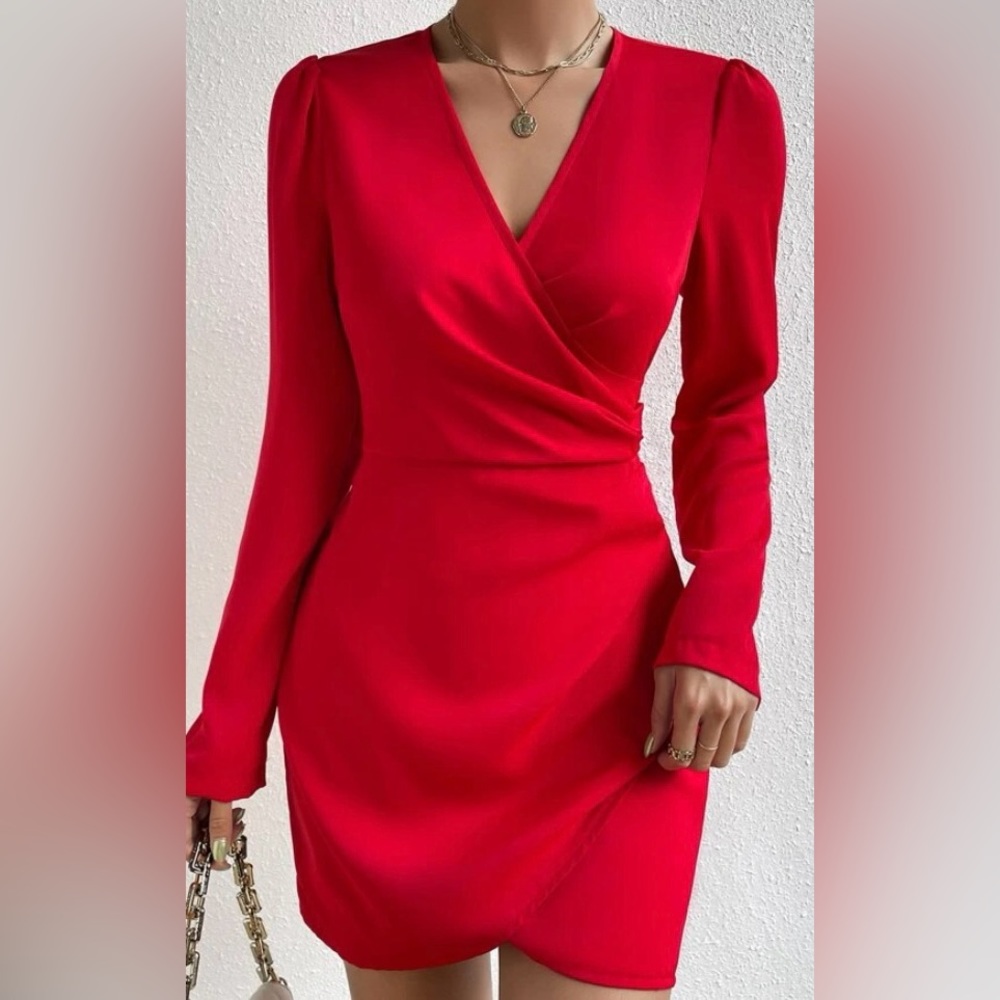 Mini Long Sleeve Red Dress with Tulip Skirt Detail